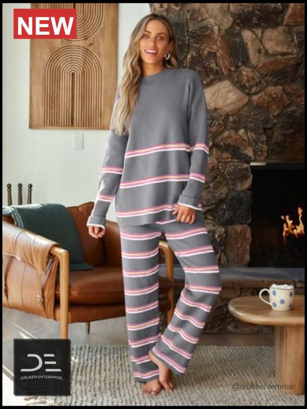 Two Piece Lounge Set Sweatsuit Striped Knit Sweater Outfit Pullover Top and - Picture 5 of 6